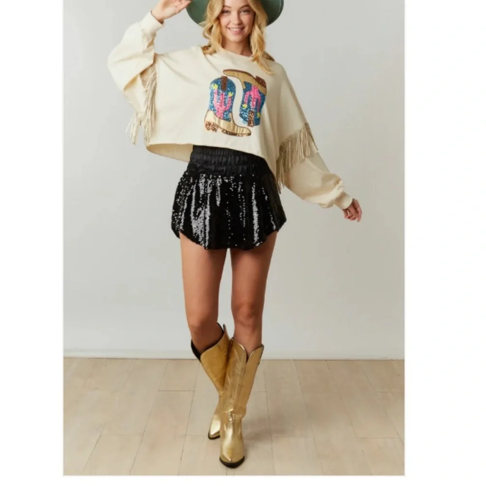 Boot Kickin' Sequin Fringe Crop Sweatshirt